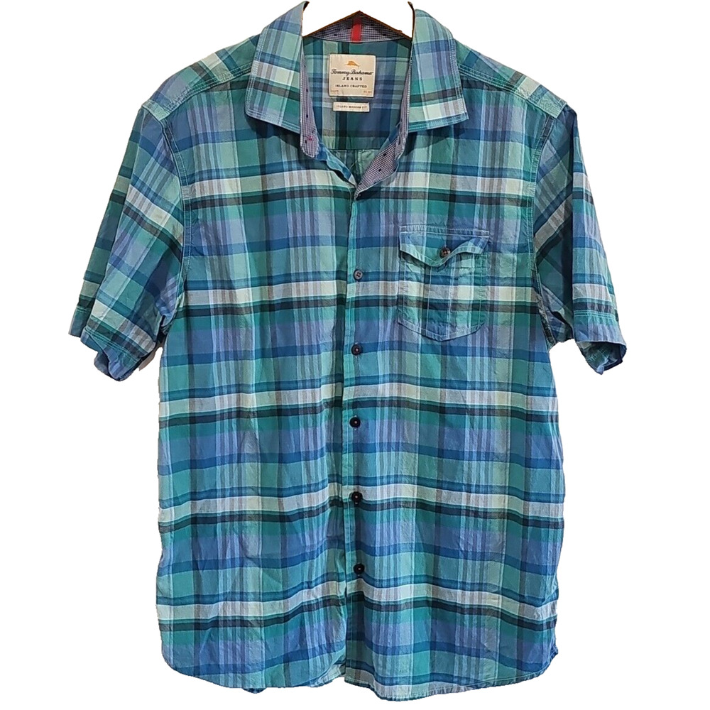 Tommy Bahama Jeans Blue Green Plaid Cotton Short Sleeve Button Up Shirt Size M